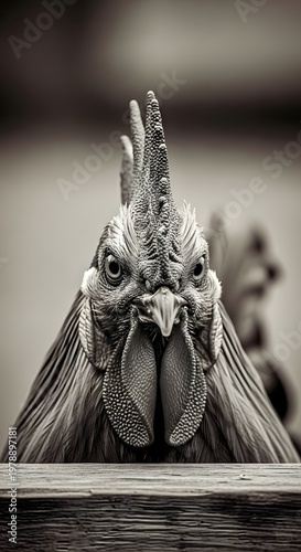 A striking close-up of a rooster, captured in monochrome, showcasing its intricate details and imposing presence, conveying power and confidence.