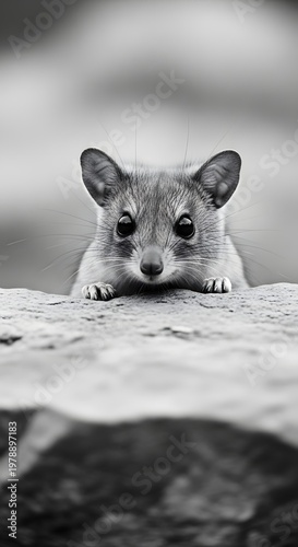 An adorable hyrax emerges from its rocky shelter, captivating viewers with its endearing gaze in striking monochrome.