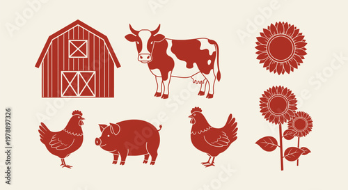Red farm icons set with cow pig chickens barn and sunflowers for agriculture and ranching design.