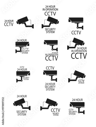 Collection of CCTV camera icons in different styles and angles. Black silhouettes isolated on white background. Perfect for security, surveillance, monitoring, protection and technology concepts