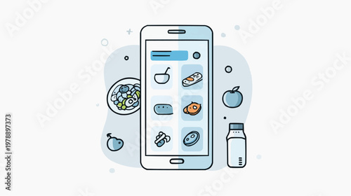 Flat vector illustration of a smartphone displaying a nutrition app with various food items, suitable for health blogs, diet plans, or wellness advertisements.