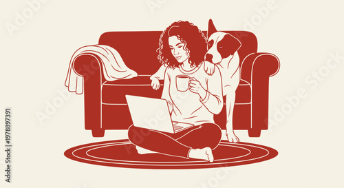 Woman working on laptop at home with her pet dog sitting on the floor, cozy interior line art