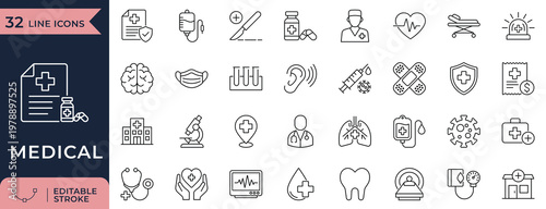 Medical and Healthcare Line Icon Set with Hospital Doctor Medicine and Equipment