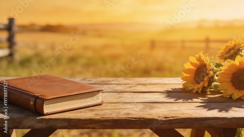 A leather-bound book rests on a rustic wooden table with sunflowers at sunset