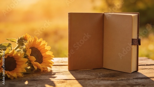 National Book Day banner with sunflowers and open book on rustic wooden table