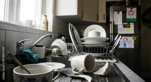 Cluttered kitchen sink with dishes by window in modern home