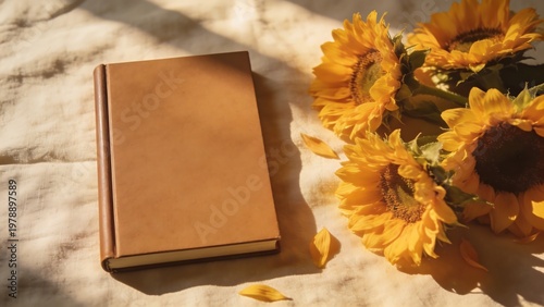 National Book Day celebration with sunflowers and a vintage book on a textured surface