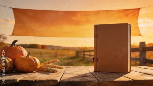 Autumnal book display with pumpkins and wheat on a rustic table at sunset