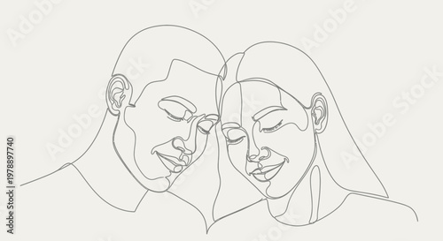 Minimalist Couple Line Art: Romantic Portrait of Two People in Love, Single Line Drawing