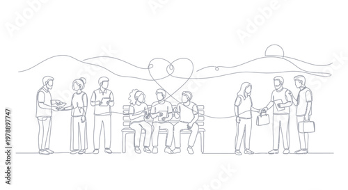 People connecting and sharing, love heart symbol, minimalist line art illustration