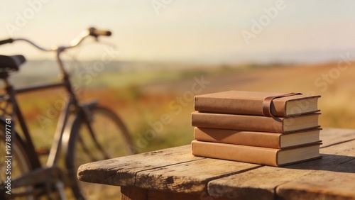 Stack of brown books on a wooden table with a bicycle in the background