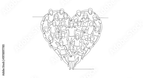 People Forming Heart Shape, Love and Unity Concept, Simple Line Art Illustration
