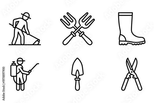 Gardening and horticulture tools icon set with gardening horticulture gardener pitchfork spraying pesticide secateurs scissors agriculture activity