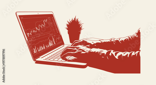 Hands typing on a laptop with stock market charts on screen stylized red business illustration.
