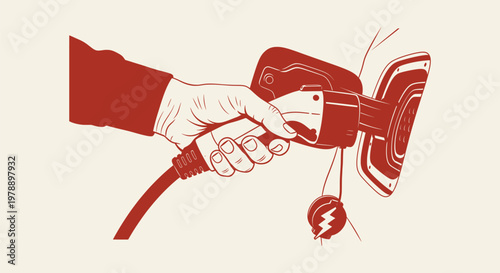 Hand holding an electric vehicle charging cable and plugging into a car socket port illustration.