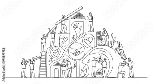 Teamwork building community with symbols of cooperation and harmony