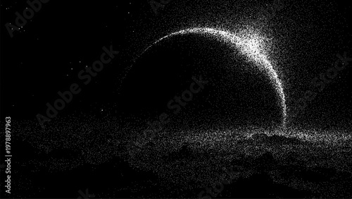 Abstract space background with stipple effect. Glowing arch of points forming a cosmic landscape. Artistic dotwork illustration created with scattered white dots on black void surface.