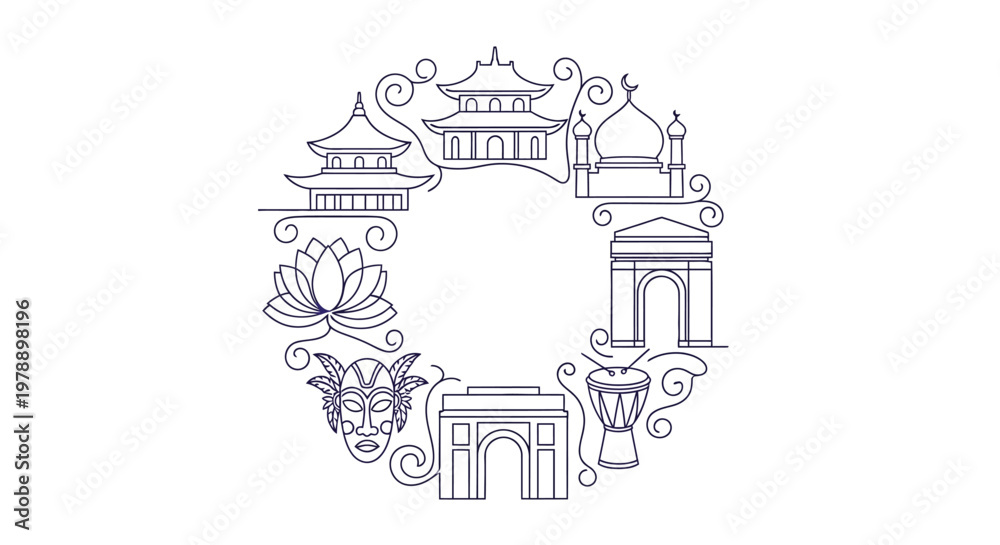 Naklejka premium Cultural Icons Wreath: Global Landmarks, Symbols, and Art Styles