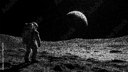 Astronaut standing on the cratered moon surface looking at the earth. Stipple art style space exploration concept. Cosmic landscape with celestial body in dark black starry sky.