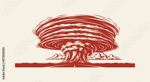 Stylized Graphic Illustration of a Massive Nuclear Mushroom Cloud Explosion in Retro Two Tone Art
