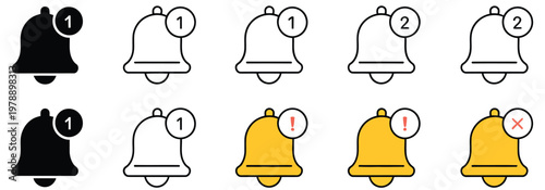 Bell notification icon pack with status indicators, alert and message symbols, unread badges, active disabled states, user interface elements, various styles including flat line glyph, clean modern 