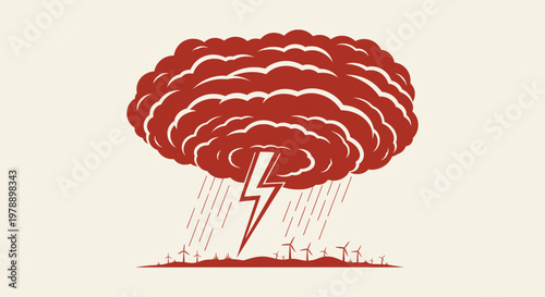 Storm cloud with lightning bolt and rain over wind turbine farm, vector illustration in retro style