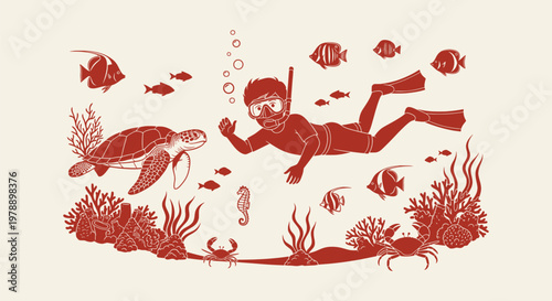 Young boy snorkeling in the ocean with sea turtle, fish, seahorse and coral reef vector design