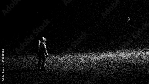 Astronaut standing alone in space landscape. Stipple vector art of man in galaxy. Surreal cosmic scenery with moon and dust texture. Minimalist monochrome illustration for science theme.