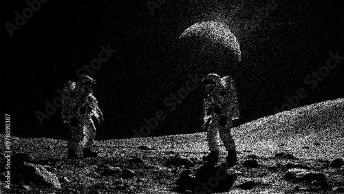 Astronauts walking on moon landscape with earth in background. Stipple art style space illustration. Exploration of lunar surface by scientist explorers. Cosmic science galaxy view.