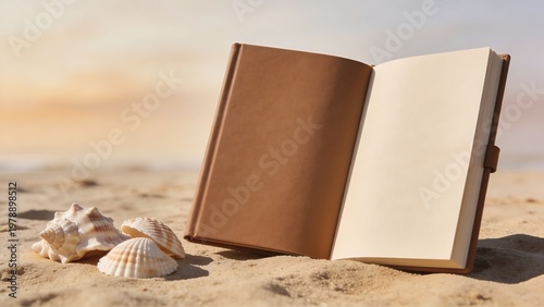 Open book and seashells on sandy beach during summer National Book Day celebration
