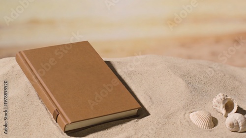 A closed book rests on a sandy beach with seashells nearby