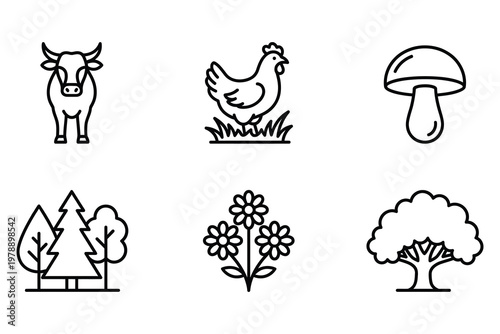 Farm animals and nature elements icon set with elements mushroom conifers livestock wildlife landscape agriculture collection illustration minimalist