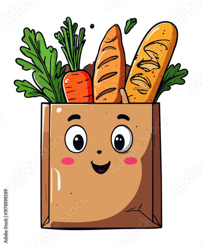  Bolsa de papel con verduras frescas y expresión sonriente.

