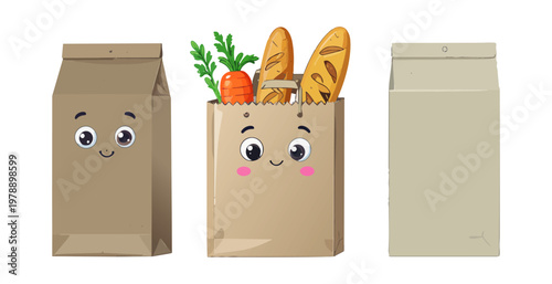  Bolsas de papel con alimentos y caras sonrientes en estilo divertido.
