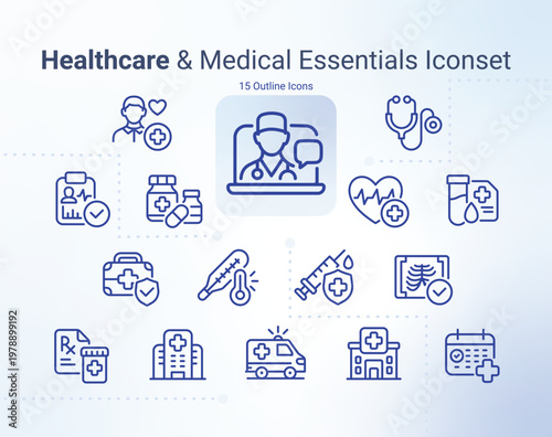 Healthcare & Medical Essentials Icons Set – Detailed Outline