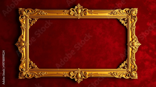 A luxurious gold picture frame on a rich red velvet background