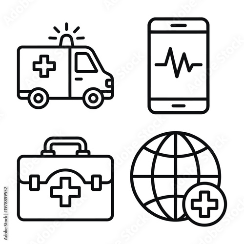 Healthcare emergency icons: ambulance medical kit smartphone with heartbeat globe with plus sign first aid line art medical service health insurance