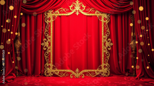 A luxurious red stage with gold accents and ornate curtains, perfect for a glamorous event or presentation.