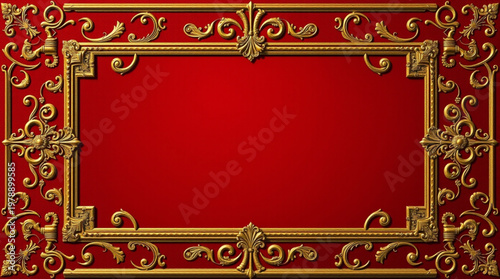 A luxurious red and gold ornate frame with intricate designs and patterns, perfect for adding elegance to any setting.