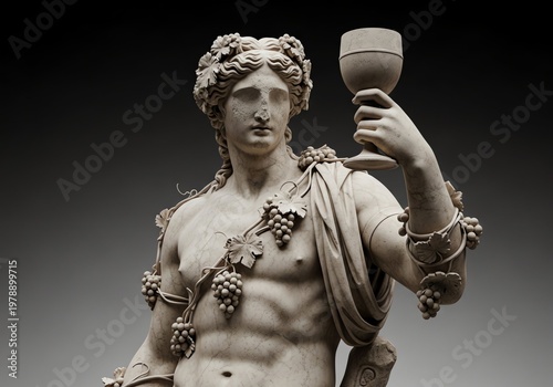 Ancient Roman or Greek Statue of Bacchus or Dionysus holding a goblet, adorned with grapevines