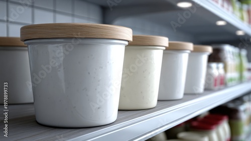 Row of yogurt containers on modern kitchen shelf