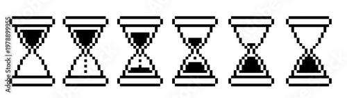 hourglasses outlined in black, arranged in a row with sand levels varying from full to empty, monochrome. Pixel art vector illustration