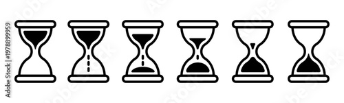 Six hourglasses with varying sand levels are lined up in a row. Vector illustration