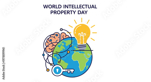 World intellectual property day illustration with a brain globe and lightbulb