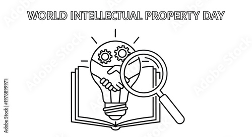 World intellectual property day illustration with a book lightbulb and magnifying glass