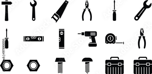 Collection of black silhouette icons representing various hand tools and construction hardware.