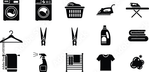 Collection of black laundry and cleaning icons including washing machines and ironing equipment
