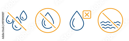 no water icons, set icon of stop liquid, forbidden used water, ban drop, thin outline editable stroke