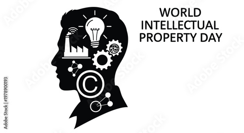 World intellectual property day graphic with a head silhouette and ideas