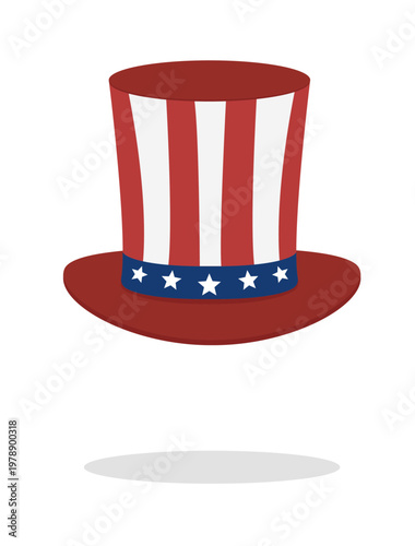 Stylized Uncle Sam hat in red, white and blue colors. Patriotic American symbol isolated on light background. Perfect for Independence Day, posters, branding and holiday design.